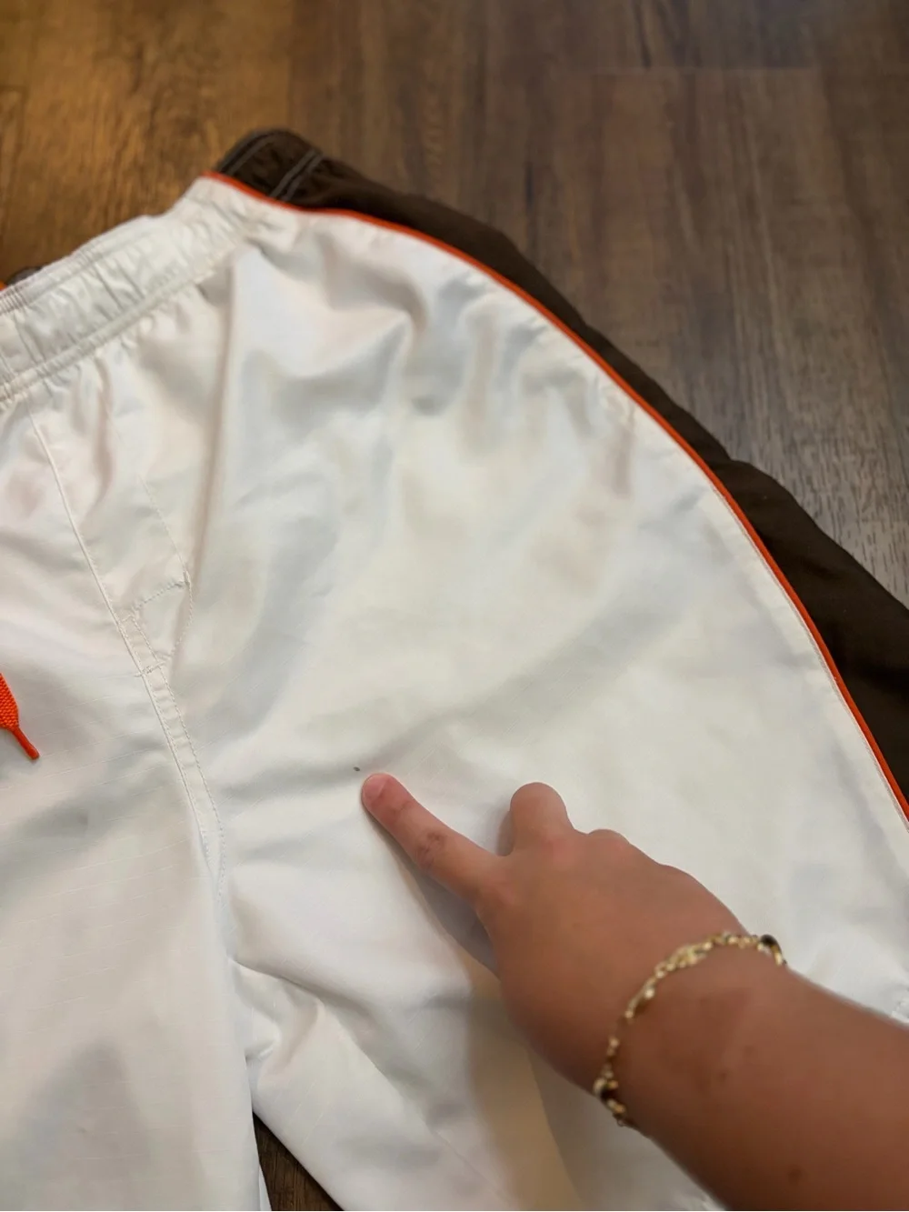 Old Navy White Swim Trunks with Brown Panels and Orange Trim